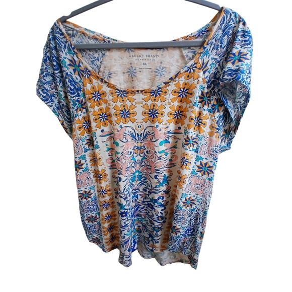 Lucky Brand boho print short sleeve t shirt XL EUC - Picture 1 of 8